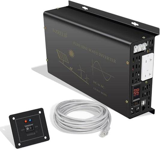 WZRELB Pure Sine Wave Power Inverter 3000W 12VDC to 120VAC 6000W Peak Dual AC Outlets &2× 2.4A USB Port &Hardwire Terminal with 16ft Remote Conrtol Off-Grid Solar Converter RV Trucks (VC300012U5WD-1)