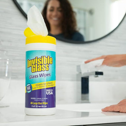 Invisible Glass 90160-2PK Glass Cleaning Wipes Perfect for Cleaning Mirrors, Windows, and Windshields at Home, in Your Car, or at the Office, Streak-Free, Tint-Safe, Lint-Free, 40 Wipes, Pack of 2
