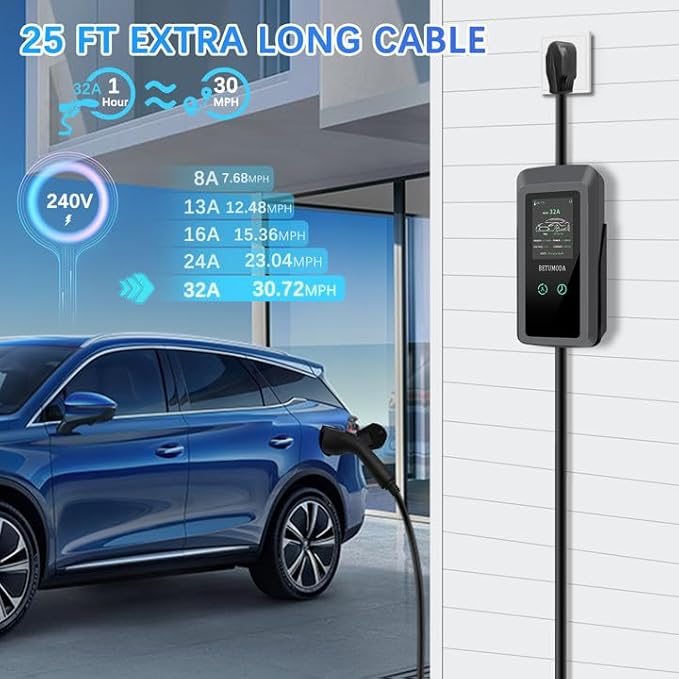 Level 2 EV Charger, 32 Amp, Portable Charger for Home and J1772, 25ft Cable, 240V, Charging Stations with LED Display, NEMA14-50 Plug, Current Adjustable.(Tesla Need Adapter)