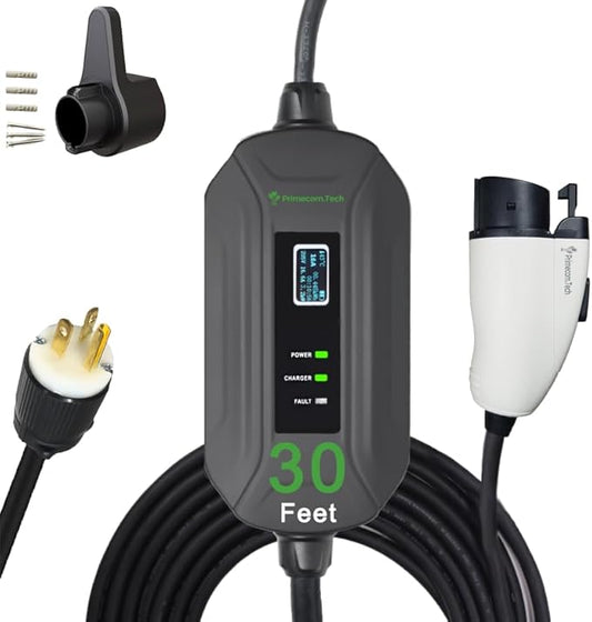 PRIMECOM Level 2 EV Charger 220/240V, 16A, 30ft & 50ft, Portable EVSE Electric Vehicle Charging Cable Compatible with Bolt Volt Leaf BMW i3 Fiat 500e Clarity NIRO Prius (30 Feet, 6-20P)