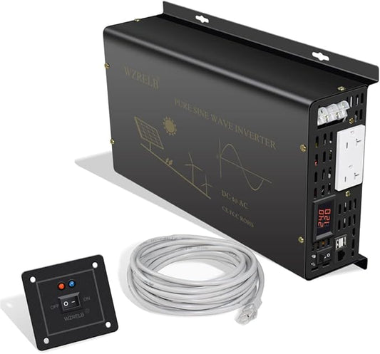 WZRELB Pure Sine Wave Power Inverter 3000W 24VDC to 120VAC 6000W Peak Dual AC Outlets 2× 2.4A USB Port &Hardwire Terminal with 16ft Remote Conrtol Off-Grid Solar Converter RV Trucks (VC300024U5WD-1)
