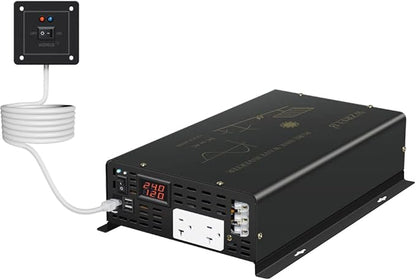 WZRELB Pure Sine Wave Power Inverter 3000W 24VDC to 120VAC 6000W Peak Dual AC Outlets 2× 2.4A USB Port &Hardwire Terminal with 16ft Remote Conrtol Off-Grid Solar Converter RV Trucks (VC300024U5WD-1)