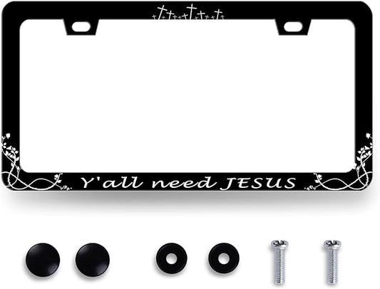 Y'all Need Jesus License Plate Frame Christian License Plate Frames Jesus Auto Accessory for Funny Text Car Decorative Stainless Steel License Plate Holder with Screws Men Women 12.2"x 6.2"