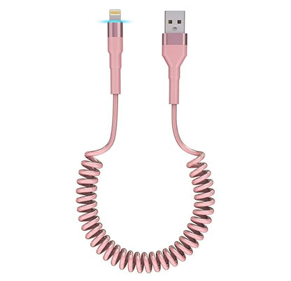 Pink Car Charger Cable - Coiled Lightning Cable for Apple CarPlay with 480Mbps Data Sync LED [MFi Certified], Fast Charging Short USB to Lightning Pink Retractable iPhone Charger Cord for Car