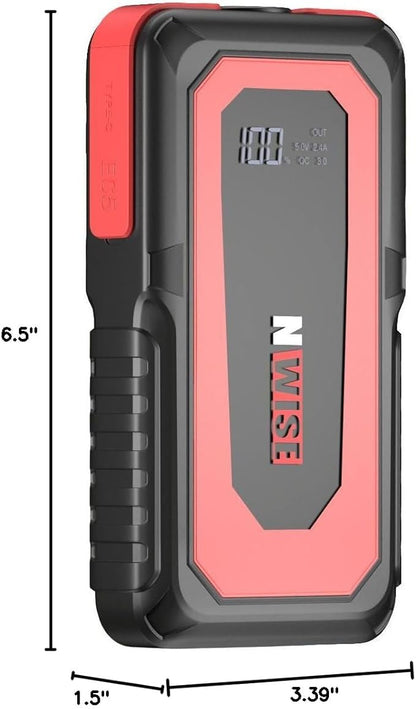 NWISE Car Jump Starter, 2000A Peak 20000mAh Portable Battery Pack with Smart Safety Jumper Clamps,12V Jump Boxes with LCD Display, LED Light, USB Ports