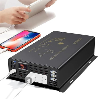 WZRELB 3000W Pure Sine Wave Power Inverter 48VDC to 120VAC 6000W Peak Dual AC Outlets 2× 2.4A USB Port &Hardwire Terminal Off-Grid Solar Converter RV Trucks (U5-300048)
