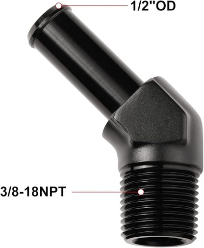 3/8 NPT Male to 1/2" Hose Barb Fitting Adapter 45 Degree Elbow Aluminum Black