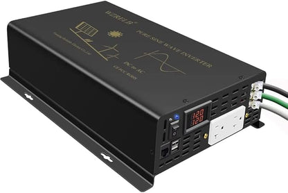WZRELB Pure Sine Wave Power Inverter 3000W 12VDC to 120VAC 6000W Peak Dual AC Outlets &2× 2.4A USB Port &Hardwire Terminal with 16ft Remote Conrtol Off-Grid Solar Converter RV Trucks (VC300012U5WD-1)