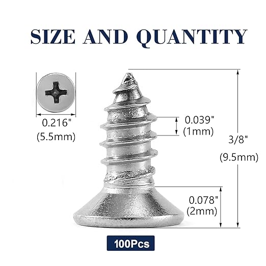 #4 x 3/8" Wood Screw 100Pcs 18-8 (304) Stainless Steel Screws Flat Head Phillips Fast Self Tapping Drywall Screws by SG TZH