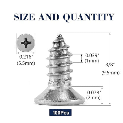 #4 x 3/8" Wood Screw 100Pcs 18-8 (304) Stainless Steel Screws Flat Head Phillips Fast Self Tapping Drywall Screws by SG TZH