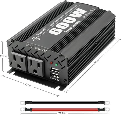 600W Power Inverter DC 12V to AC(2 Outlets) 110V Car Charger Plug Inverter Adapter Converter with 4.2A Dual USB Charging Ports for RV Camping Travel