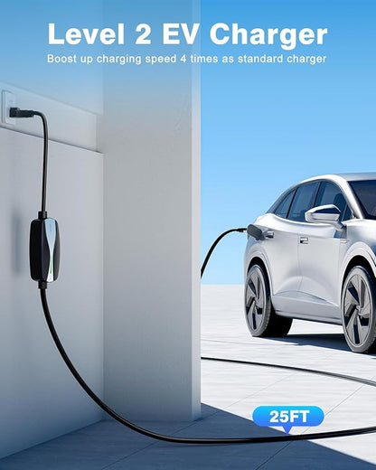 Level 1/2 EV Charger, 16Amp Electric Car Charger 25FT Cable with NEMA 6-20 Plug and NEMA 5-15 Adapter, Home Mobile EV Charging Station for J1772 BEVs/PHEVs 110V-240V(Black)