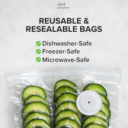 Chef Preserve Reusable Vacuum Sealer Bags for Food – 30 BPA-Free Medium (10 x 11 in) Food Storage Bags, Freezer, Microwave – Odor-Resistant, Leak-Proof – Compatible with Chef Preserve Vacuum Sealers