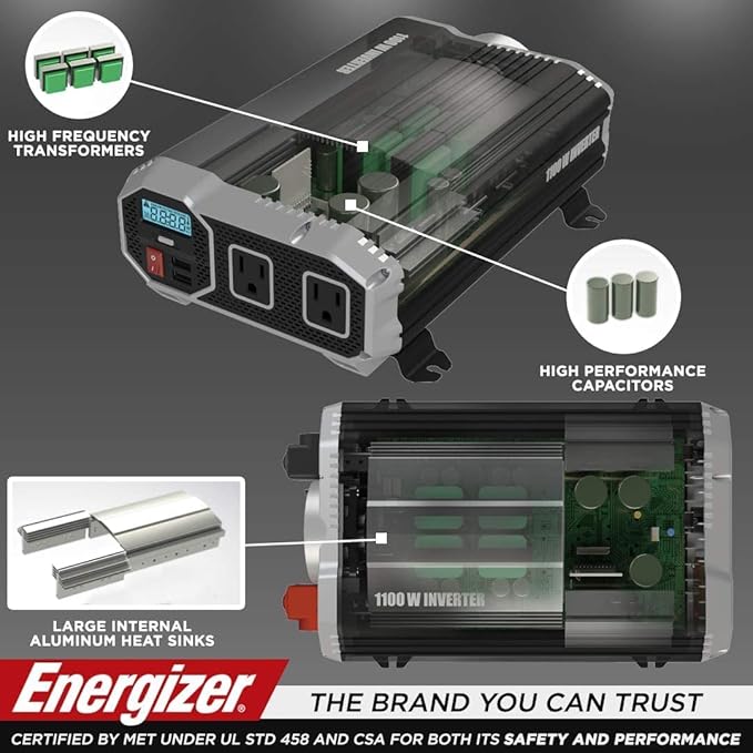 Energizer 1100 Watts Power Inverter Modified Sine Wave Car Inverter, 12V to 110 Volts, Two AC Outlets, Two USB Ports (2.4 Amp) and Battery Cables Included – ETL Approved Under UL STD 458