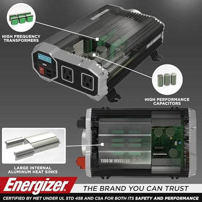 Energizer 1100 Watts Power Inverter Modified Sine Wave Car Inverter, 12V to 110 Volts, Two AC Outlets, Two USB Ports (2.4 Amp) and Battery Cables Included – ETL Approved Under UL STD 458