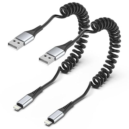 Coiled Lightning Cable, 2 Pack Retractable iPhone Charger Cord for Car, USB to Lightning Cable Fast Charging Compatible with iPhone 14 13 12 11 Pro Max Mini 10 8 Plus XR SE, AirPods