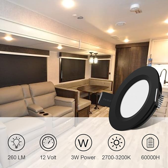 12 Volt LED Puck Light RV Boat Recessed Ceiling Light Super Slim LED Panel Light with Hole Puncher DC 12V 3W Full Aluminum Downlights 6 Pack,2700-3200k