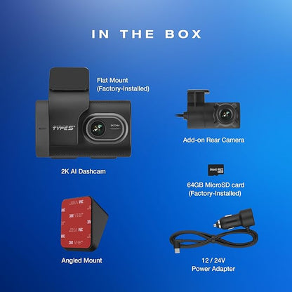 Type S T200 AI Driver Assistance Dash Cam Powered by ADAS, 1440p, Collision Alerts, Lane and Pedestrian Detection, Vehicle Departure Reminders, Front Rear 2 Channel Smart 24/7 Video Surveillance