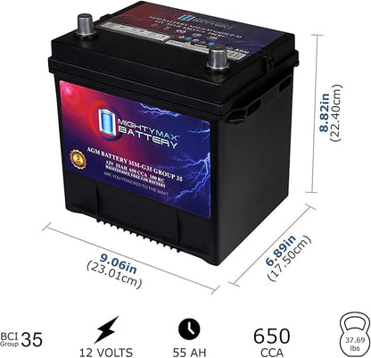 Mighty Max Battery MM-G35 Start and Stop Car BCI Group Size 35 12V 55Ah, 100RC, 650 CCA Rechargeable AGM Car Battery