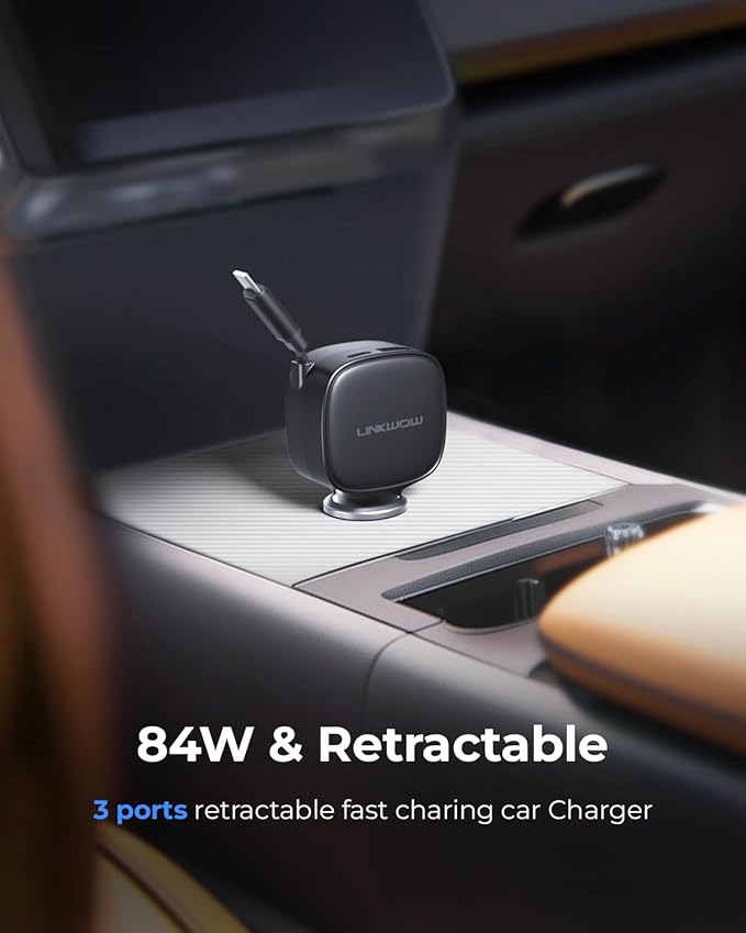 Retractable Car Charger USB C, 84W Max, Ultra-Compact, Type-C Fast Charger with Built-in Retractable USB-C Cable, Car Adapter for iPhone 16/15 Series, MacBook Pro/Air, iPad, AirPods Black