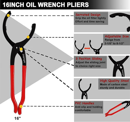 5Pcs Adjustable Oil Filter Pliers Set, Universal Oil Filter Removal Tool with Small Oil Funnel, 10" & 12" & 14" & 16" Oil Fliter Wrench From 1-1/4" to 8-1/2"