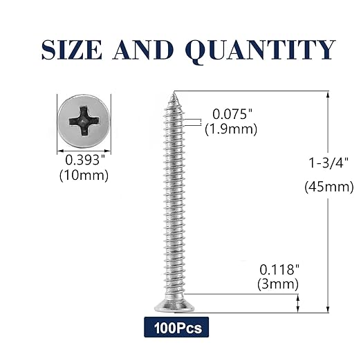 #12 x 1-3/4" Wood Screw 100Pcs 18-8 (304) Stainless Steel Screws Flat Head Phillips Fast Self Tapping Drywall Screws by SG TZH