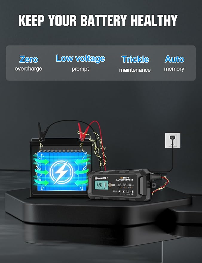 ECO-WORTHY 10A Lifepo4 Battery Charger 12V, Smart Car Battery Charger Automotive Battery Maintainer, Trickle Charger and Desulfator for Lead Acid Motorcycle Marine Boat