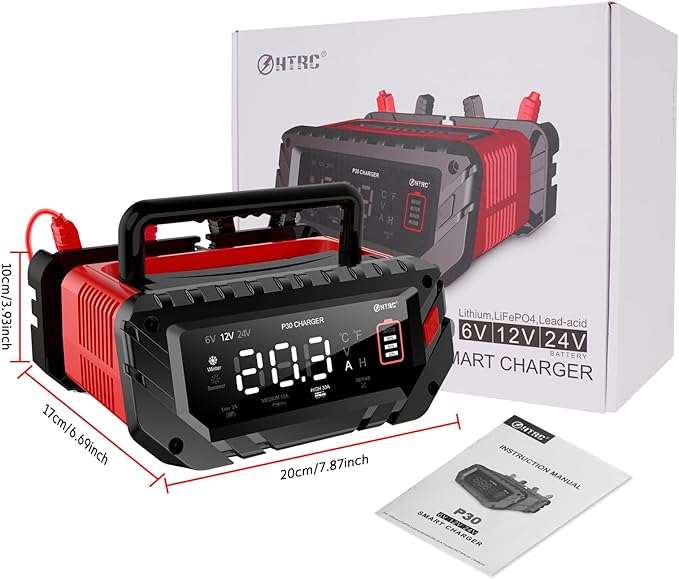 30 Amp Lithium Battery Charger,6V/12V/24V Lifepo4,Lead-Acid(AGM/Gel/SLA..) Portable Car Battery Charger,Battery Maintainer, Smart Trickle Charger, and Battery Desulfator for Car,Boat,Motorcycle…