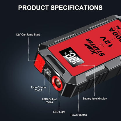 Car Battery Jump Starter with 6000A Peak Smart Clip LCD Display and 3 Modes Flashlight for Up to All Gas and 10.0L Diesel Engine 12V Auto Battery Booster Jumper Cables Portable Lithium Jump Box