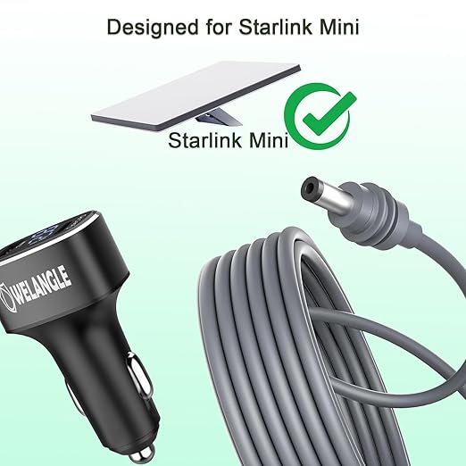 3 in 1 Car Power Cable for Starlink Mini Cigarette Lighter Adapter, Car Charger for Mini Starlink DC Power Cable with Digital Display, Durable & High Speed Charging USB A/USB C Port (3M/10FT)