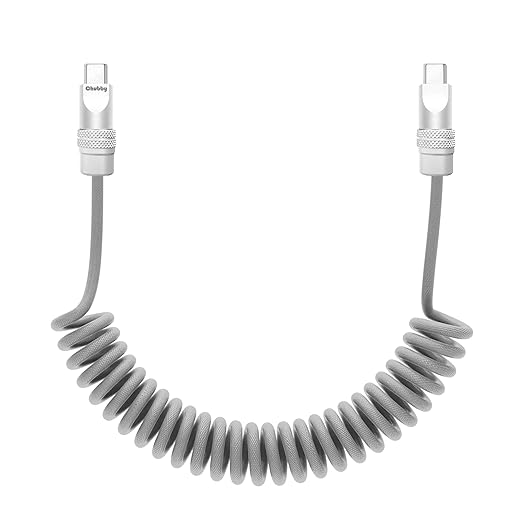 chubbycable Curly Chubby - Retractable Fast Charging Cable 240W Coiled Charger Cord for Car Durable USB-C Cable for Phones, Tablets and More, Gray, Type-C to Type-C, 1.3FT-2.3FT