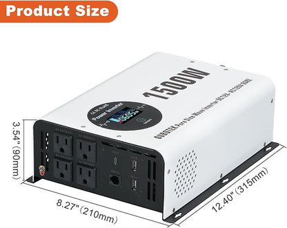 1500W Pure Sine Wave Power Inverter with Peak 3000W,12V to 120V AC Converter, Wireless Remote, 4 AC Outlets, 2 USB Ports and Type-C for RV, Solar Off-Grid