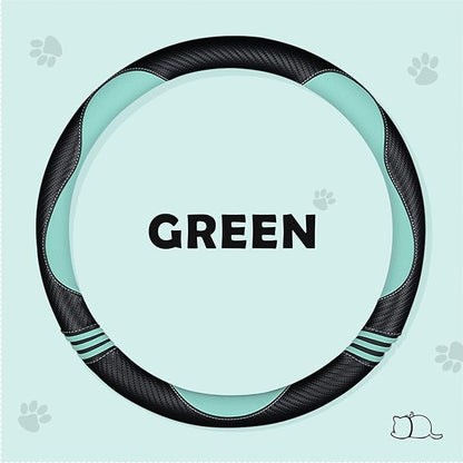 Car Steering Wheel Covers for Women Girl Padded Carbon Fiber PU Leather Cute Cartoon Auto Interior Accessories for Jeep, Truck, Universal, Anti Slip, Green, Large Size 15.5-16"(39-41cm)