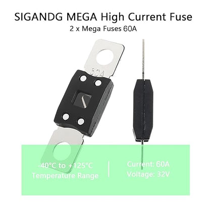60A MEGA High Current Fuse - 60 Amp Bolt-on Fuse for Cars, Trucks, Construction Vehicles, Buses, Caravans (2 Pcs)