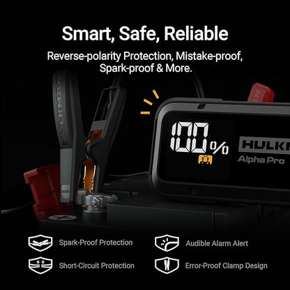 Hulkman Alpha Pro Solid Black, 1750A 59.2Wh Car Jump Starter Portable, High-Capacity Battery Booster & Jumper Cables, 3.3" Display Jump Box, PD65W in&Out, 12V Battery Pack for 8.0L Gas/5.0L Diesel