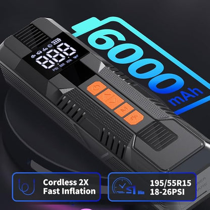 Tire Inflator Portable Air Compressor, 6X Faster 180 PSI Cordless Air Compressor, Air Pump with Pressure Gauge - Portable Tire Inflator for Car, Pickup, Motor, Bicycle, Balls and More