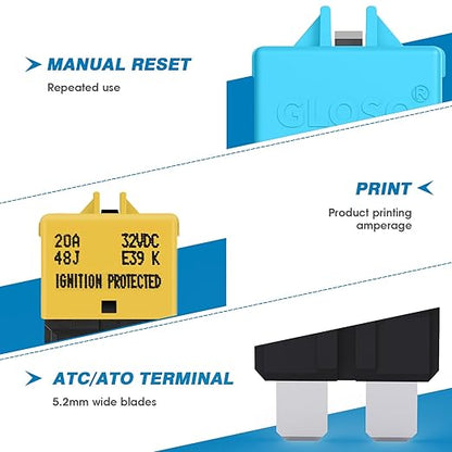 GLOSO Circuit Breaker Blade Fuse E39 (T3) Manual Reset Fuse For Car Truck RV Automotive Marine Boat Trolling motor & Custom Wiring Audio battery protection/Low Profile ATC/ATO(15A - 1 Pack)