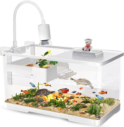 (Tank + Light + Filter + Filter Balls) Turtle Tank Kit, Turtle Tank Starter Kit,Bottom Drainage, Multi-Function Areas for Turtles, Crabs,Fishes, Amphibians,Reptiles. (15.75 x 8.64 x 8.64 Inch)