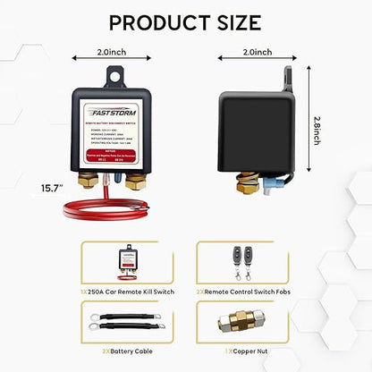 Side Post Remote Battery Disconnect Switch 12V, 250A Negative Battery Cut Off Switch Anti-Theft Kill Switch Kit Upgrade Prevent Battery Drain for Car Truck, RV Auto, Boat,Vehicle etc