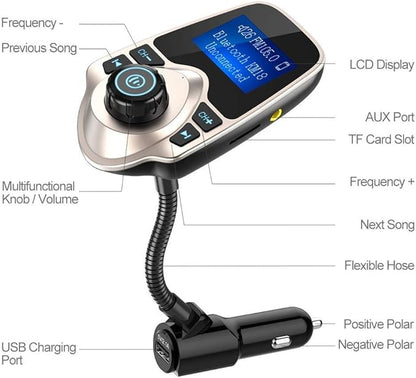 Nulaxy Bluetooth Car FM Transmitter Audio Adapter Receiver Wireless Handsfree Voltmeter Car Kit TF Card AUX 1.44 Display - KM18 Golden