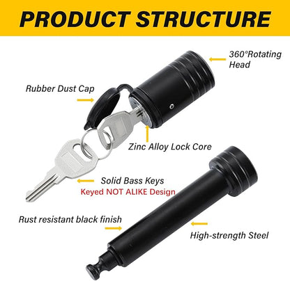 Trailer Hitch Lock, Hitch Lock with 5/8'' Dia Pin Fits 2" Receiver Tubes, for Class III IV 2 Inch Receiver, for Trailer Car Boat, KD 2 Pack