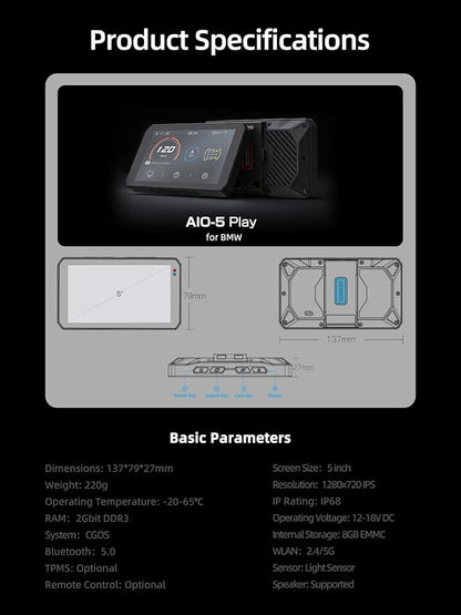 AIO-5 Play for BMW Motorcycles, 3-Pin Interface, Plug-and-Play Smart Display with CarPlay & Android Auto, 60FPS Mode, IP68 Waterproof, Built-in GPS, Anti-Theft Alarm, Data Reading