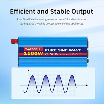 1100 Watt Pure Sine Wave Inverter, Solar Power Inverter, 12V DC to 110V AC Converter for RV, Home, Truck, Coffee Maker, Washer, TV, Fridge, Solar Power Pack with 2 AC Outlets and LCD Display