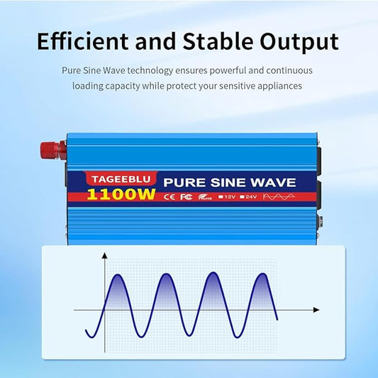 1100 Watt Pure Sine Wave Inverter, Solar Power Inverter, 12V DC to 110V AC Converter for RV, Home, Truck, Coffee Maker, Washer, TV, Fridge, Solar Power Pack with 2 AC Outlets and LCD Display