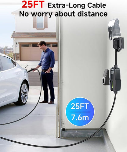 Level 2 EV Charger for Tesla, 32Amp 240V 7.68kW NACS EV Chargers, NEMA 14-50 Plug, Adjustable Current, 25FT Portable Electric Car Charger Compatible with All Nacs (Black)