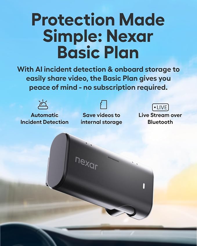 Nexar Beam2 Mini Dash Cam Car Camera 128GB Storage 24H Parking Mode Wide Angle FHD Lens Wireless Dash Camera for Cars Includes $25 OBD Hardwire Kit for Continuous Power