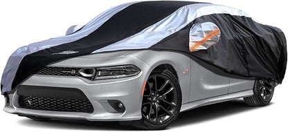 Dodge Charger Car Cover Waterproof All Weather with Silver Strip Design, Custom Fit for Dodge Charger 2006–2023, Charger Accessory with Door Zipper & Windproof Straps