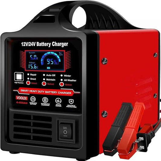 Voolex Car Battery Charger 12V 24V Portable Automotive Trickle Charger Battery Maintainer for AGM Car Truck Motorcycle RV Deep Cycle Repair, Winter Mode(for Lead Acid Batteries)