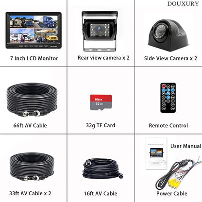 RV Backup Camera System with 7'' Quad Split 1080P Monitor for Truck Trailer Semi Camper Bus & 4 AHD Rear Side View Camera with DVR Record Function IP69 Waterproof Night Vision Avoid Blind Spot DOUXURY