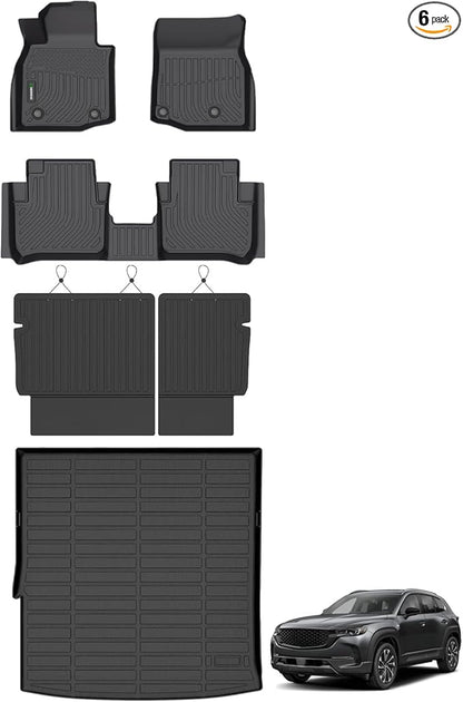 ANBINGO® Floor Mats & Seatback Cargo Liner for 2025 CX-50 Hybrid | All Weather TPE CX50 Floor Liners | 1st & 2nd Row Custom Mats Full Set | (Velcro Tape Fixed Backseat) CX50 Accessories - Black